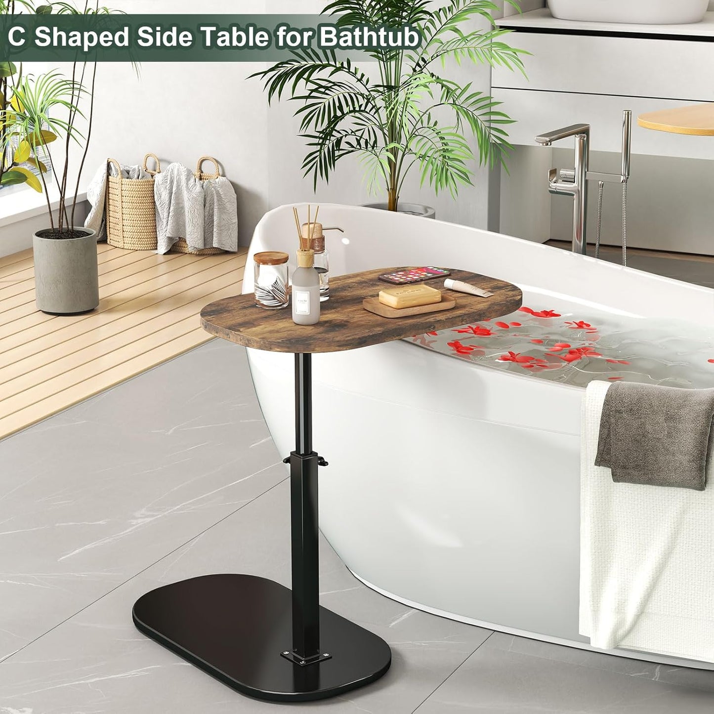 Coffee Adjustable 360°Swivel Height C Shaped End Table for Sofa/Bed/Bathtub, Rotating Tabletop (Rust Brown)