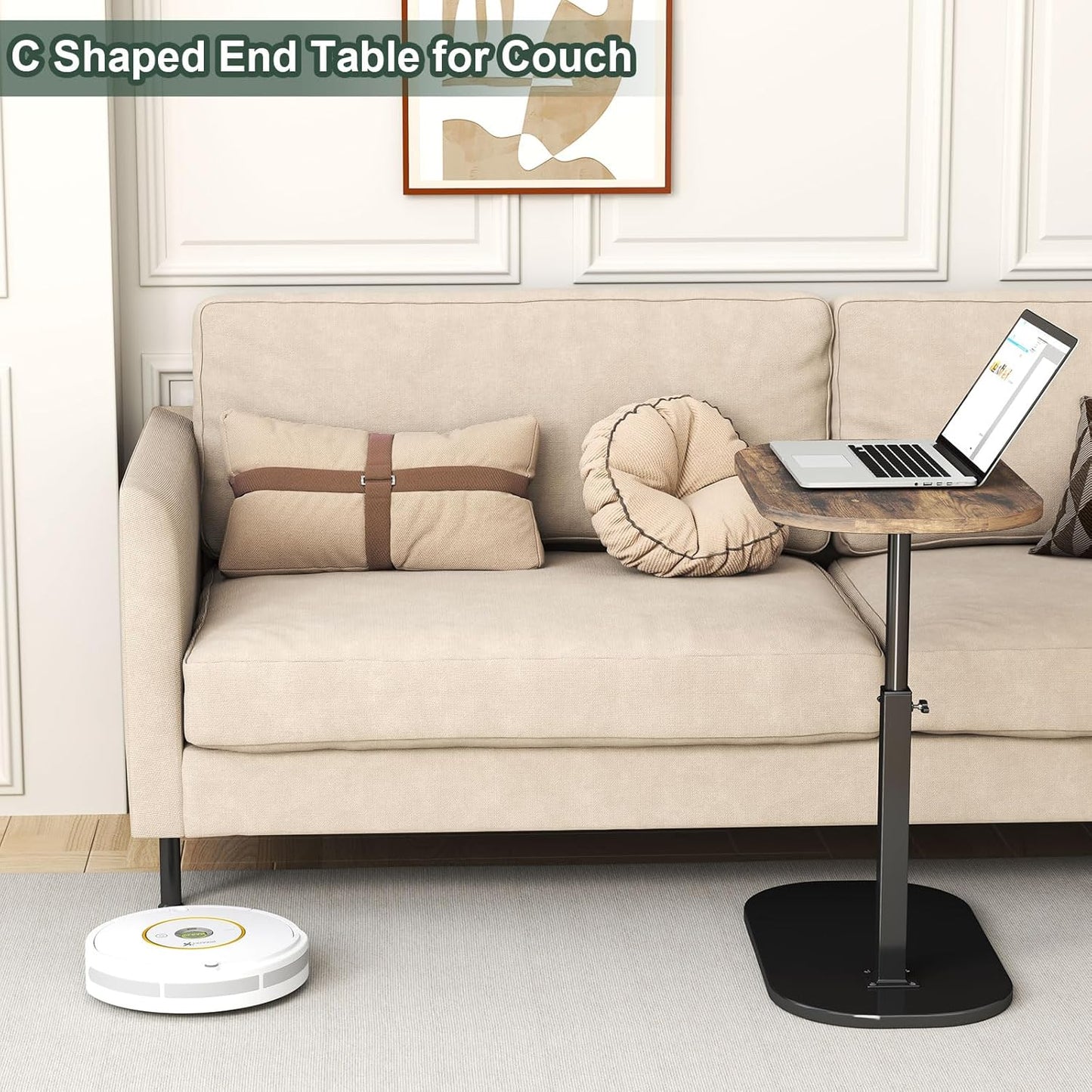 Coffee Adjustable 360°Swivel Height C Shaped End Table for Sofa/Bed/Bathtub, Rotating Tabletop (Rust Brown)