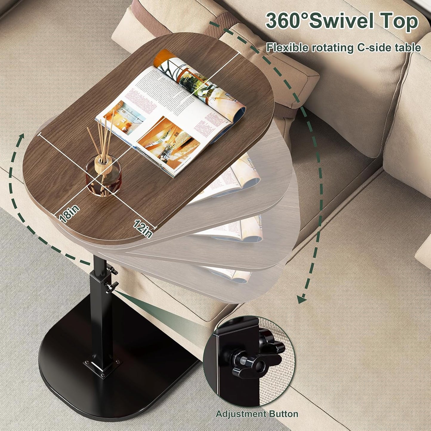 Coffee Adjustable 360°Swivel Height C Shaped End Table for Sofa/Bed/Bathtub, Rotating Tabletop (Rust Brown)