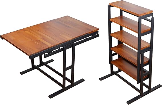 Extendable Dining Table Convertible 2 in 1 Shelf to Table with Metal Frame Industrial and Rustic Style for Small Spaces, Kitchen & Dining Room, 55inch