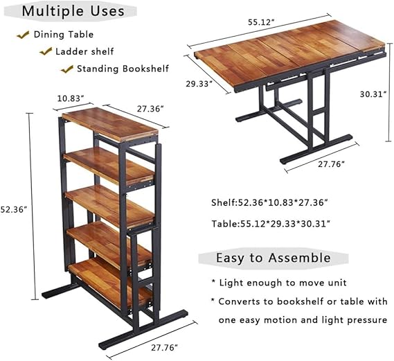 Extendable Dining Table Convertible 2 in 1 Shelf to Table with Metal Frame Industrial and Rustic Style for Small Spaces, Kitchen & Dining Room, 55inch