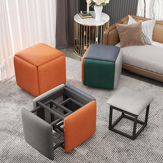 5 in 1 Nesting Footstool Stool (Divided into 5 Cube Seats),flannel Cube Footstools with High Elasticity Cushion/Metal Frame