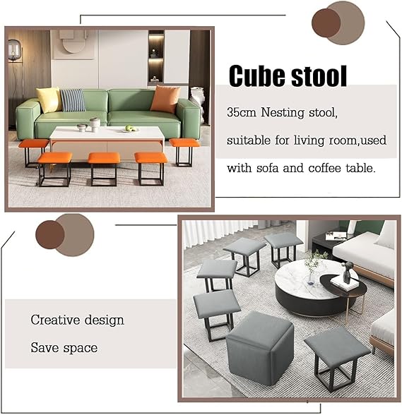 5 in 1 Nesting Footstool Stool (Divided into 5 Cube Seats),flannel Cube Footstools with High Elasticity Cushion/Metal Frame